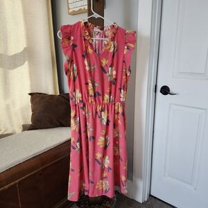 Pink Floral Midi Dress with Ruffle Shoulders